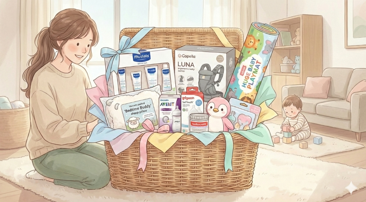Mum-and-baby gift hamper with skincare, bottle, playmat and toys